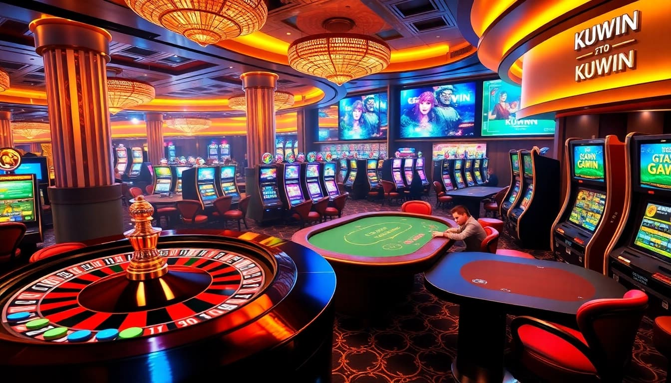 Experience thrilling gaming action with KUWIN at luxurious casino tables and vibrant slot machines.