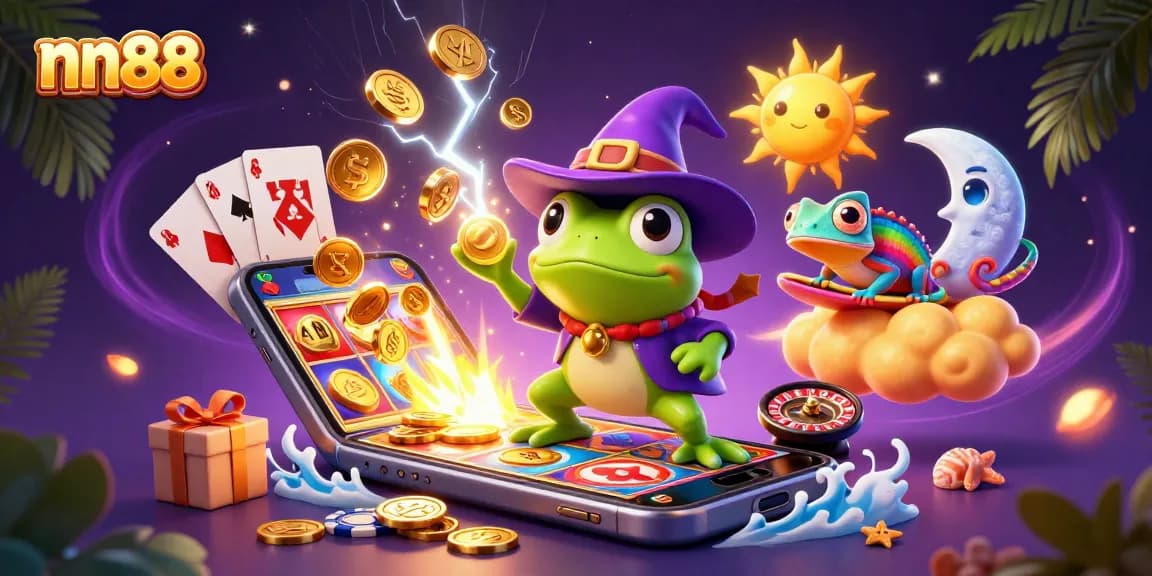 Experience nn88's thrilling golden coin storm with exciting casino game elements in this vibrant illustration