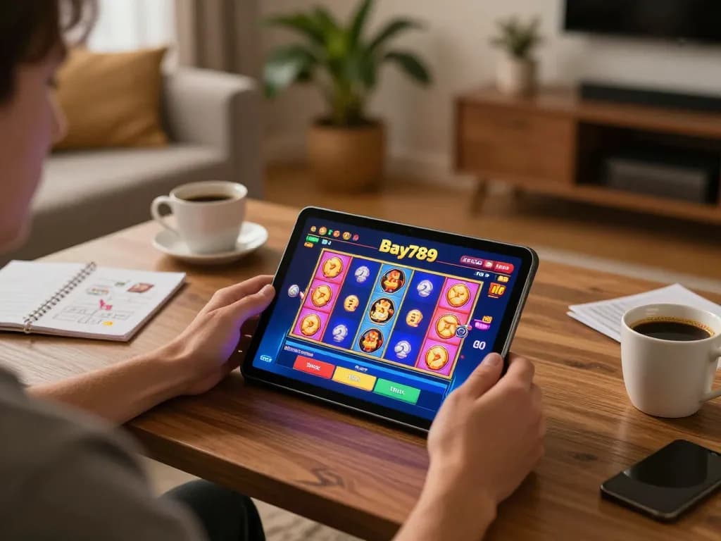 Engaging in exciting slots gameplay on Bay789's app while enjoying a relaxed home environment