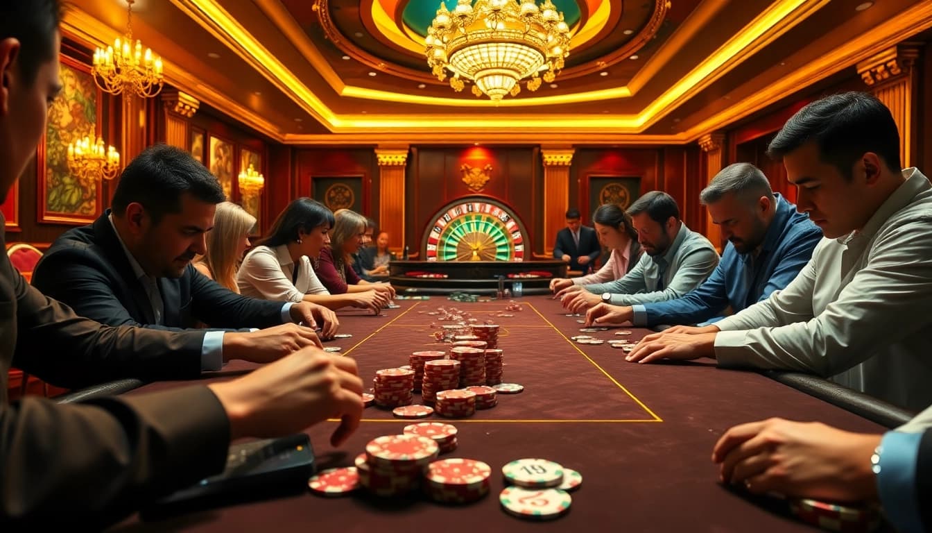 Exciting poker action at 789p casino with players and vibrant poker chips