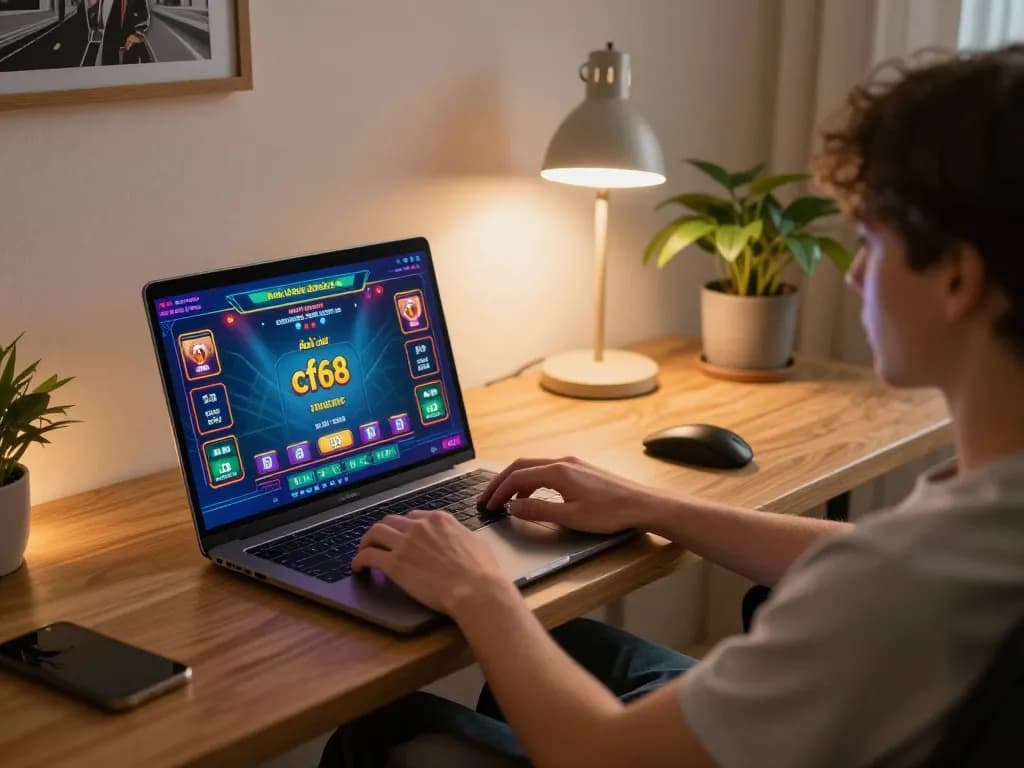 This scene illustrates a user engaging in online gaming at nhà cái cf68, showcasing an interactive and vibrant gaming experience.