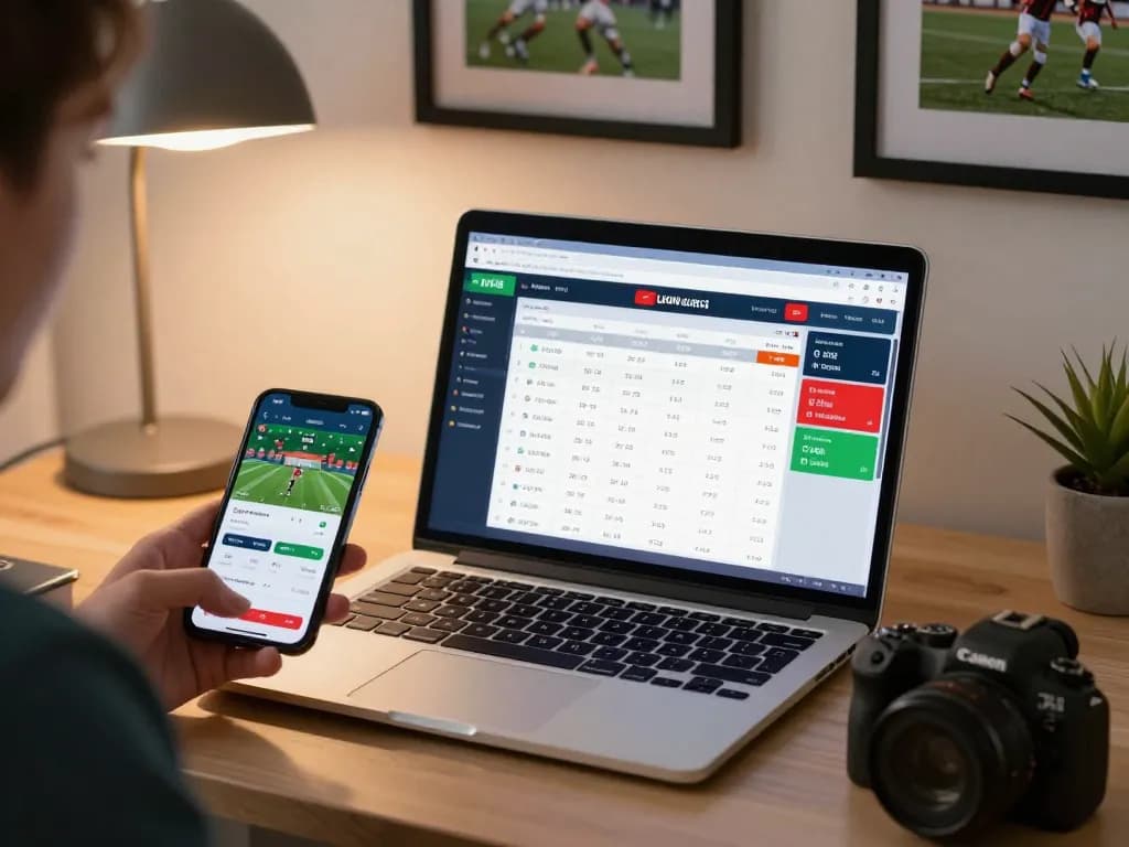 cm88 user engaging in strategic online sports betting with laptop and smartphone in home office