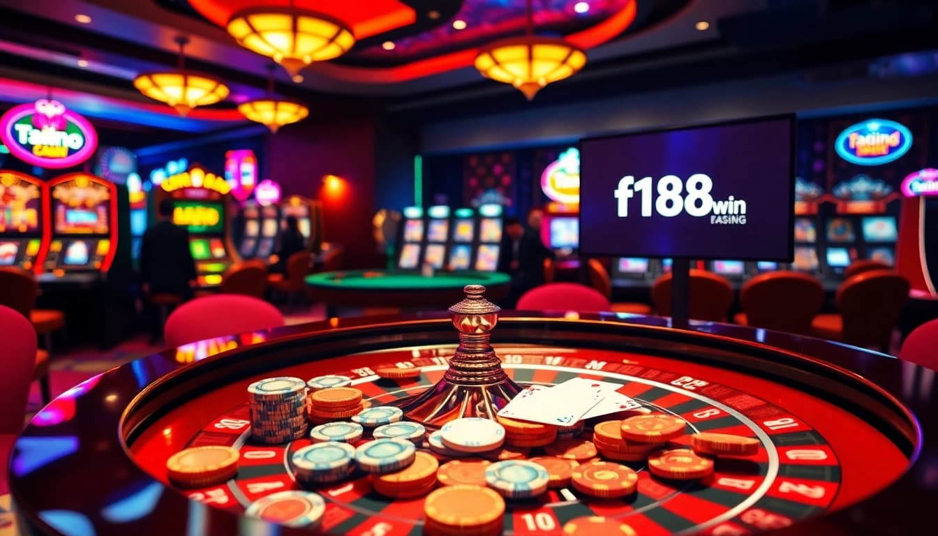 A vibrant casino scene showcasing excitement at https://f168.win/ with roulette, poker chips, and players.