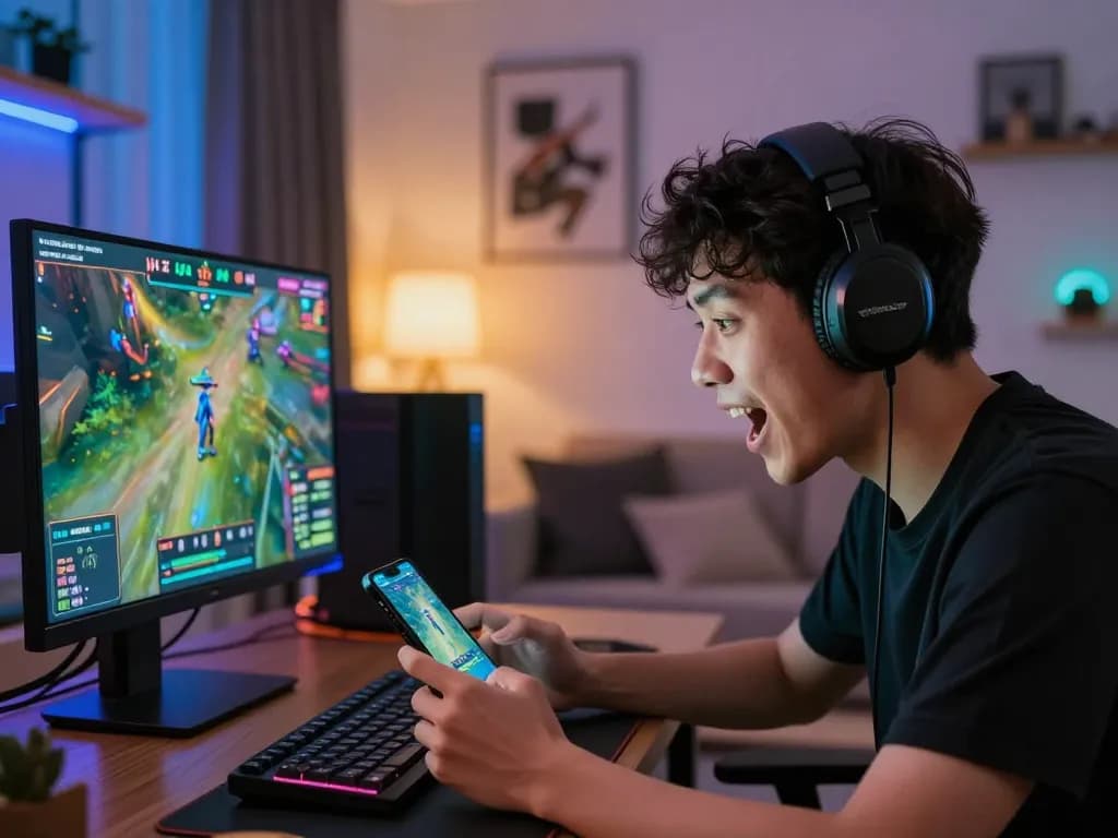 hay88x esports betting scene with athlete intensely focused on smartphone in a stylish living room
