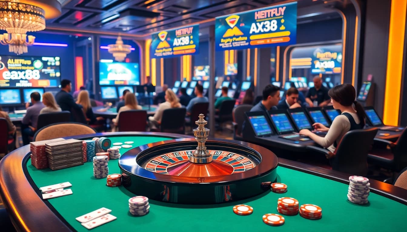 Experience thrilling gameplay at https://ax88.bid/ with vibrant casino elements like poker chips and roulette wheels.