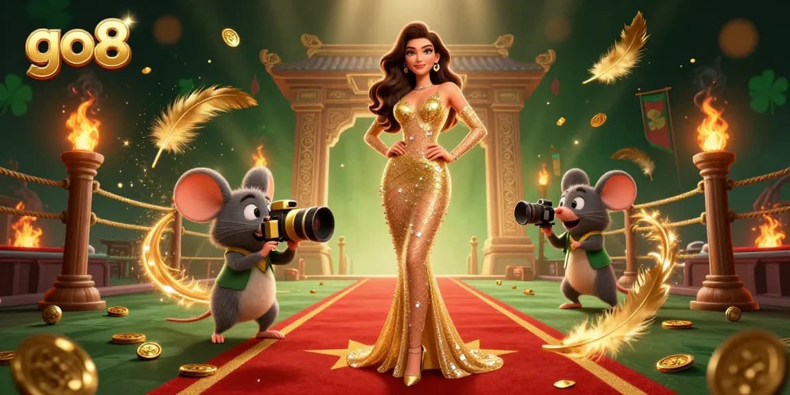 Win big with go8 casino, featuring a glamorous woman on a red carpet with gold tokens and dynamic gaming elements.
