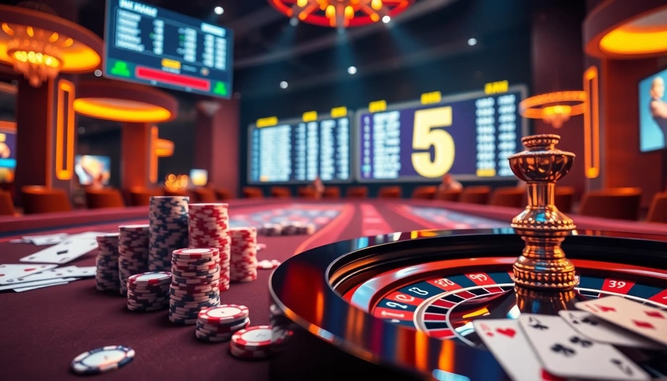 Kèo nhà cái 5 betting scene with poker chips and roulette wheel in a luxury casino.