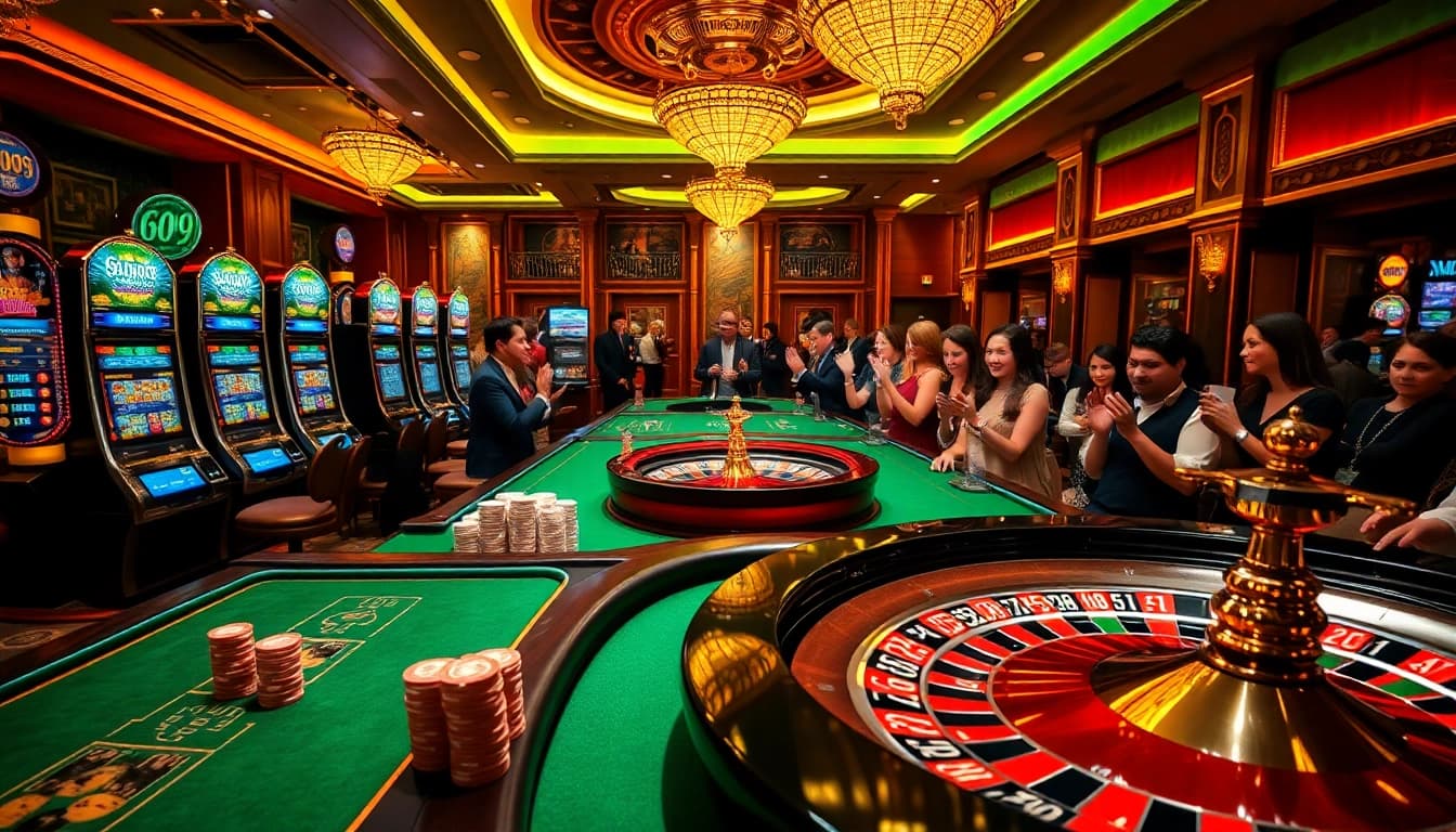 Exciting casino scene featuring go99 poker chips and roulette, capturing luxury and gameplay thrills.