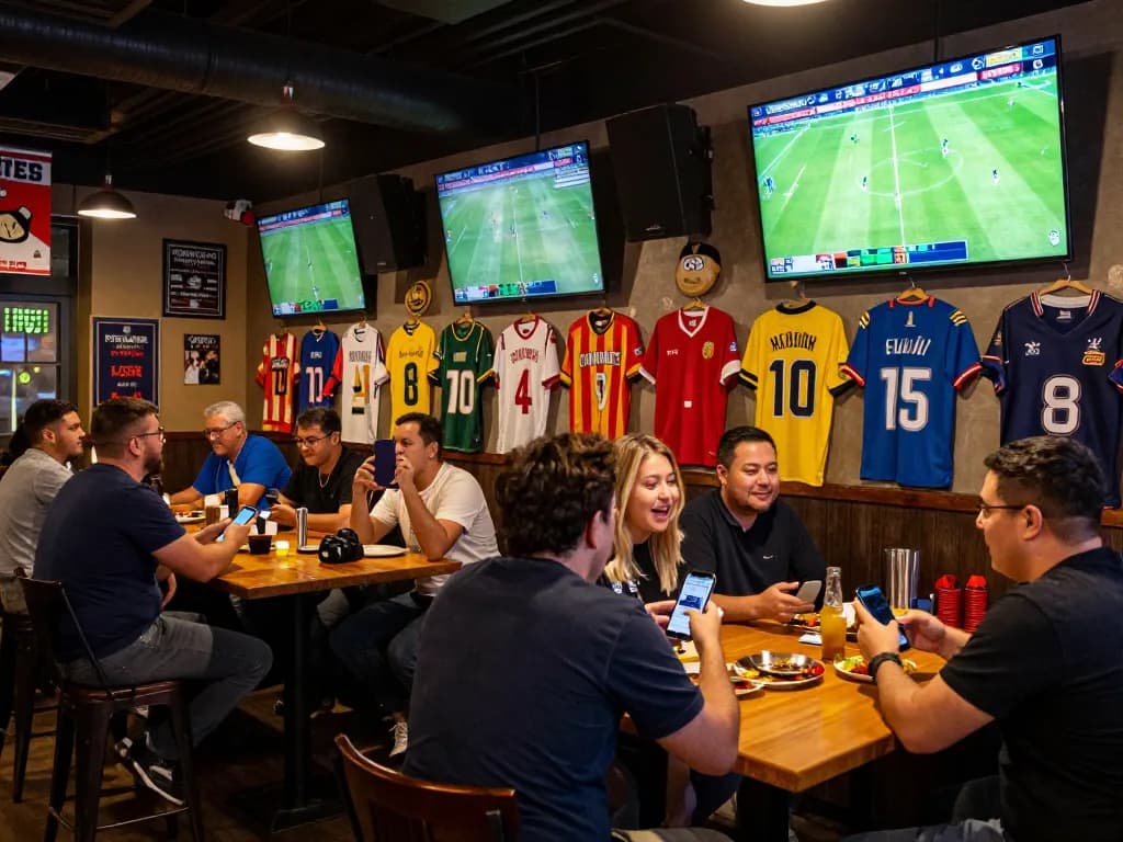 ดูบอล at a lively sports bar with fans engaging in betting and cheering for their teams
