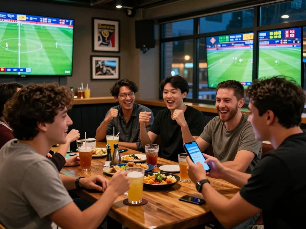 Friends enjoying sports betting together while checking kèo nhà cái updates at a lively lounge.
