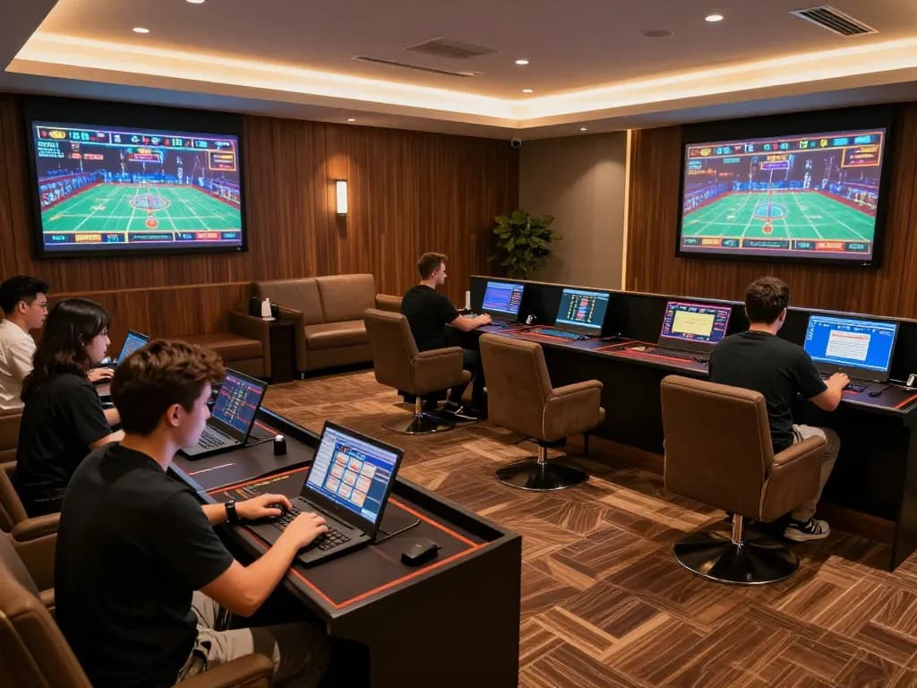 Onbet online casino setup with players engaging in strategic betting on laptops and tablets.