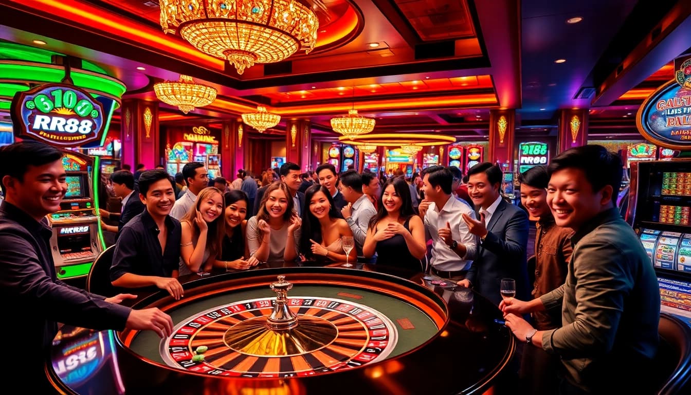 Excited gamblers enjoying games at RR88 casino with vibrant atmosphere and modern features.