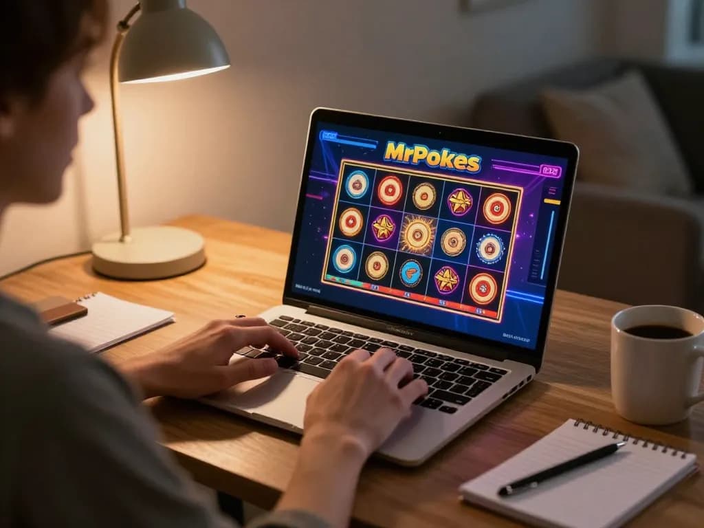 Engaging player reveling in online pokies experience at MrPokies, showcasing vibrant gameplay.