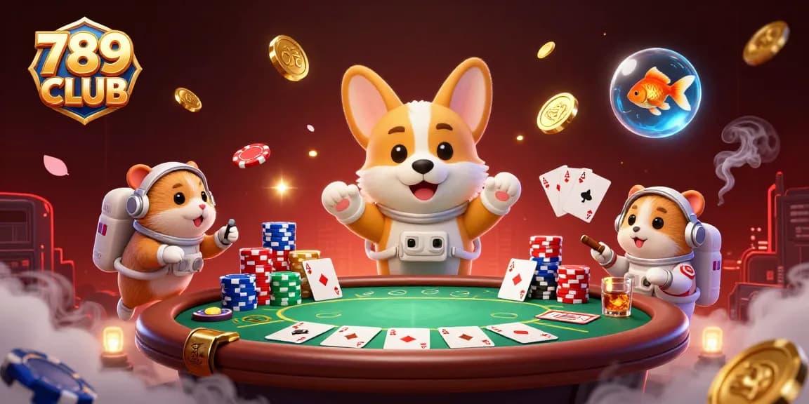 Play poker in the immersive universe of 789 CLUB with vibrant symbols and floating elements.