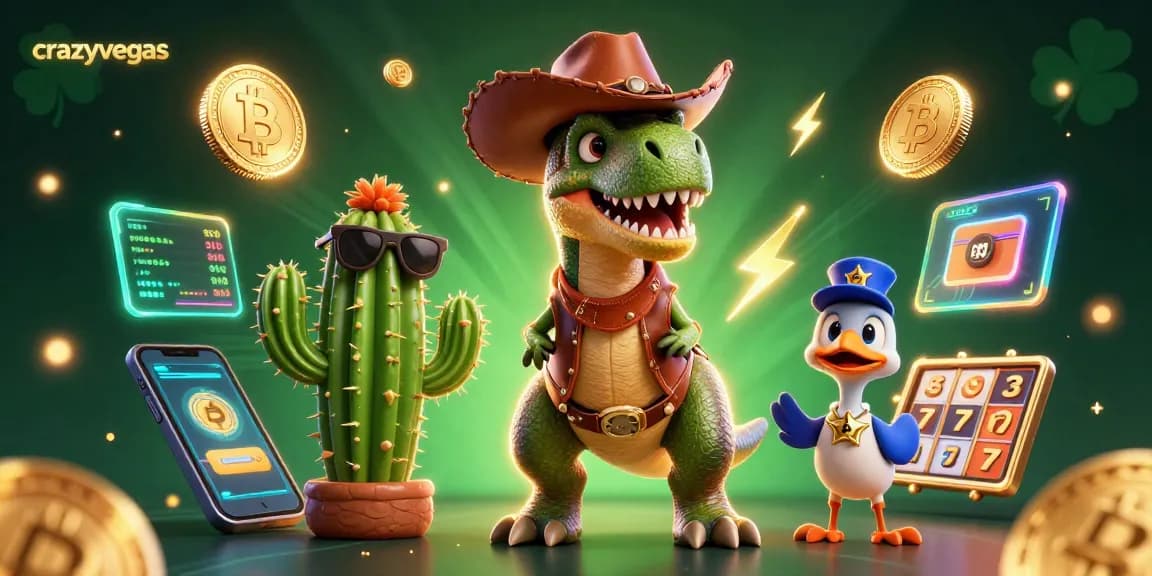 Exciting 3D casino art featuring crazyvegas characters like a T-Rex cowboy dinosaur, perfect for gaming promotions.