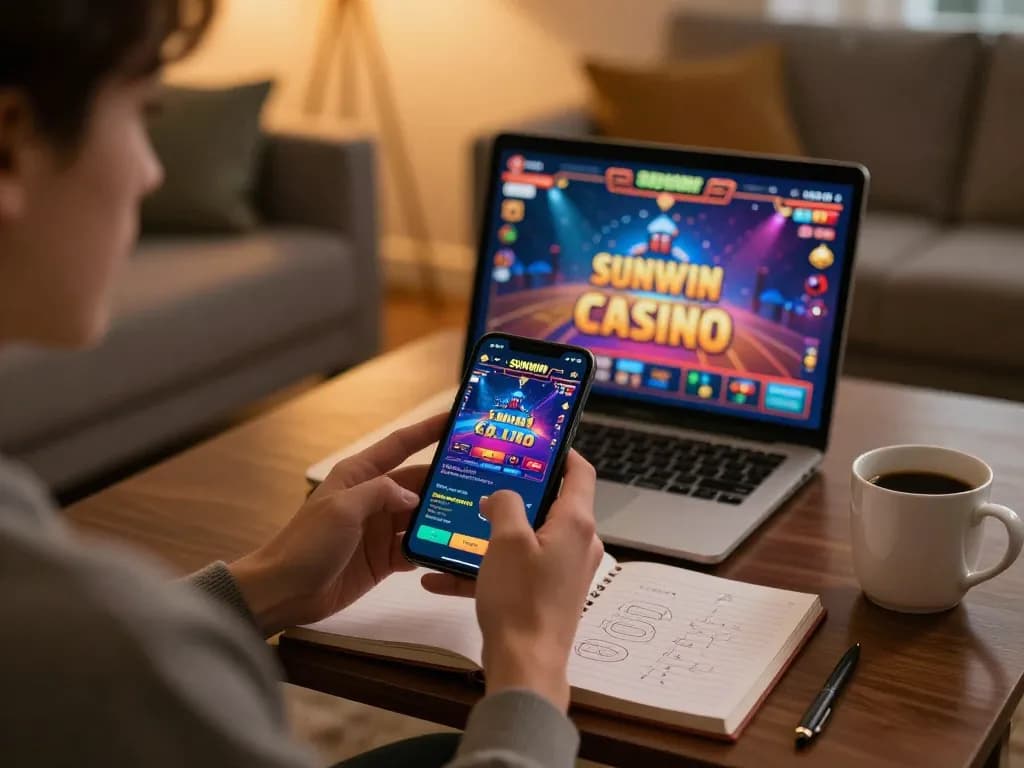 Playing the Sunwin casino app on a smartphone in a cozy living room setting.