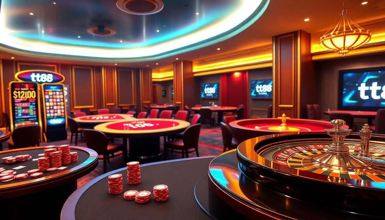 Experience the excitement of tt88 with a vibrant online casino scene featuring tables and slot machines.