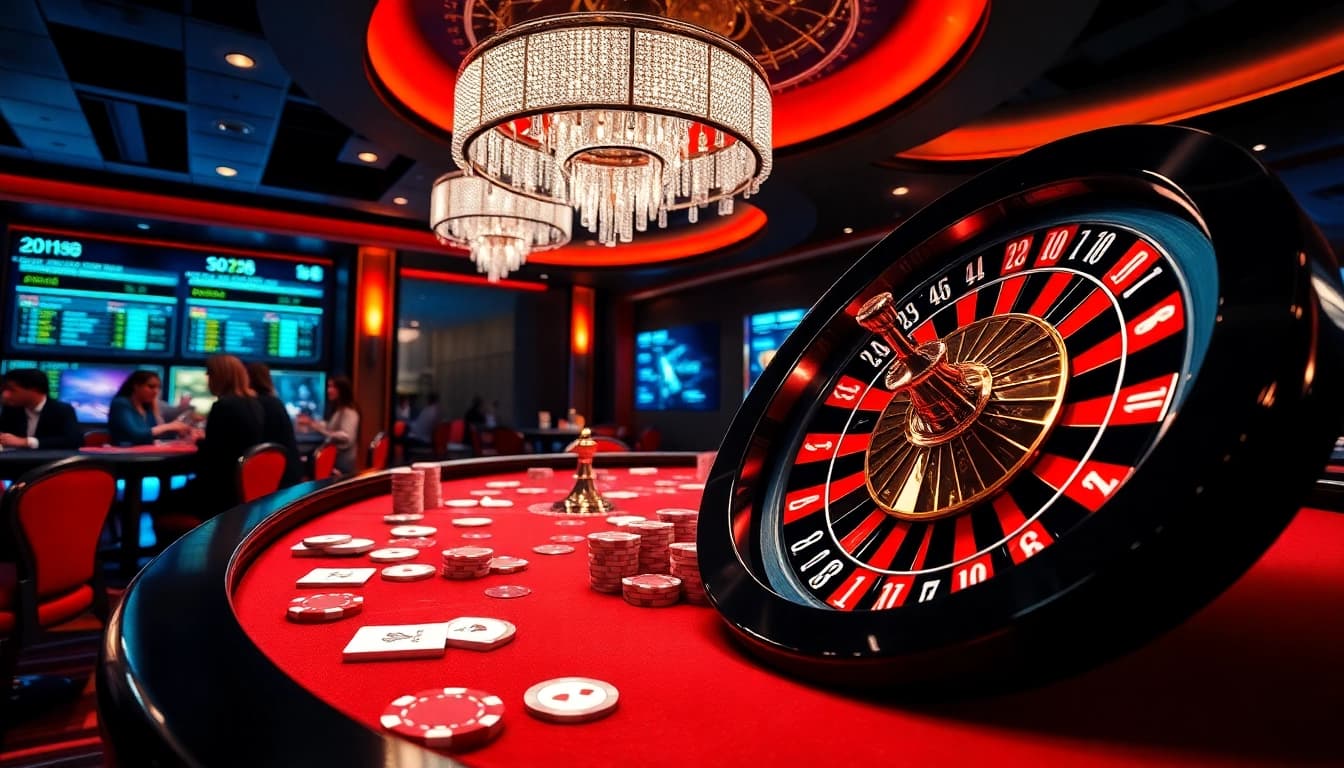 Experience high-stakes gaming at https://x88.diy/ with vibrant poker chips and a luxurious roulette wheel.