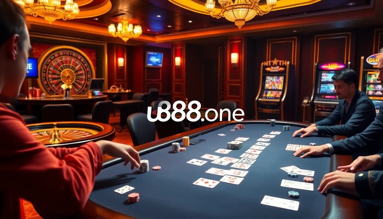 Action-packed poker game at U888 one casino with vibrant chips and cards.