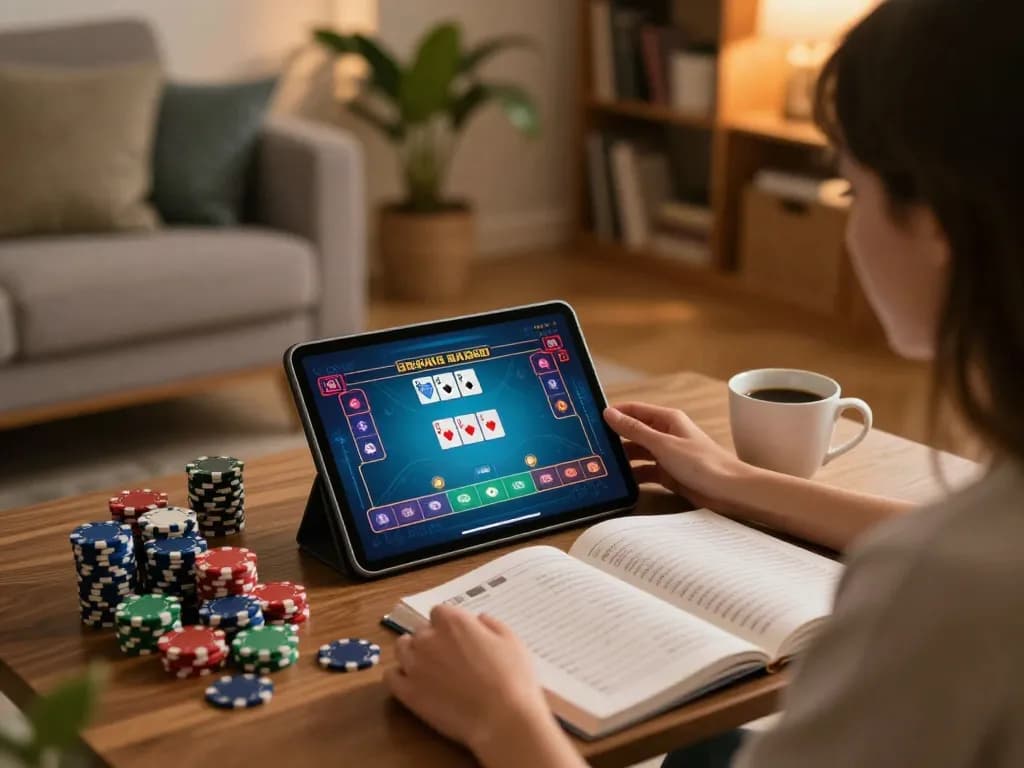 Player engaging with online poker at home using wala88, cozy ambiance enhances gaming experience.