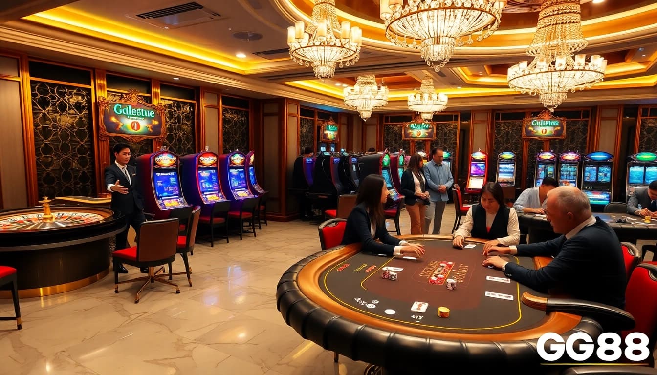 Players engaged in an exciting game at gg88 casino, featuring vibrant slot machines and poker tables.
