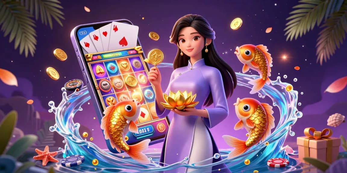B52 casino gaming scene featuring an Asian woman with a lotus flower, koi fish, and vibrant gambling elements.