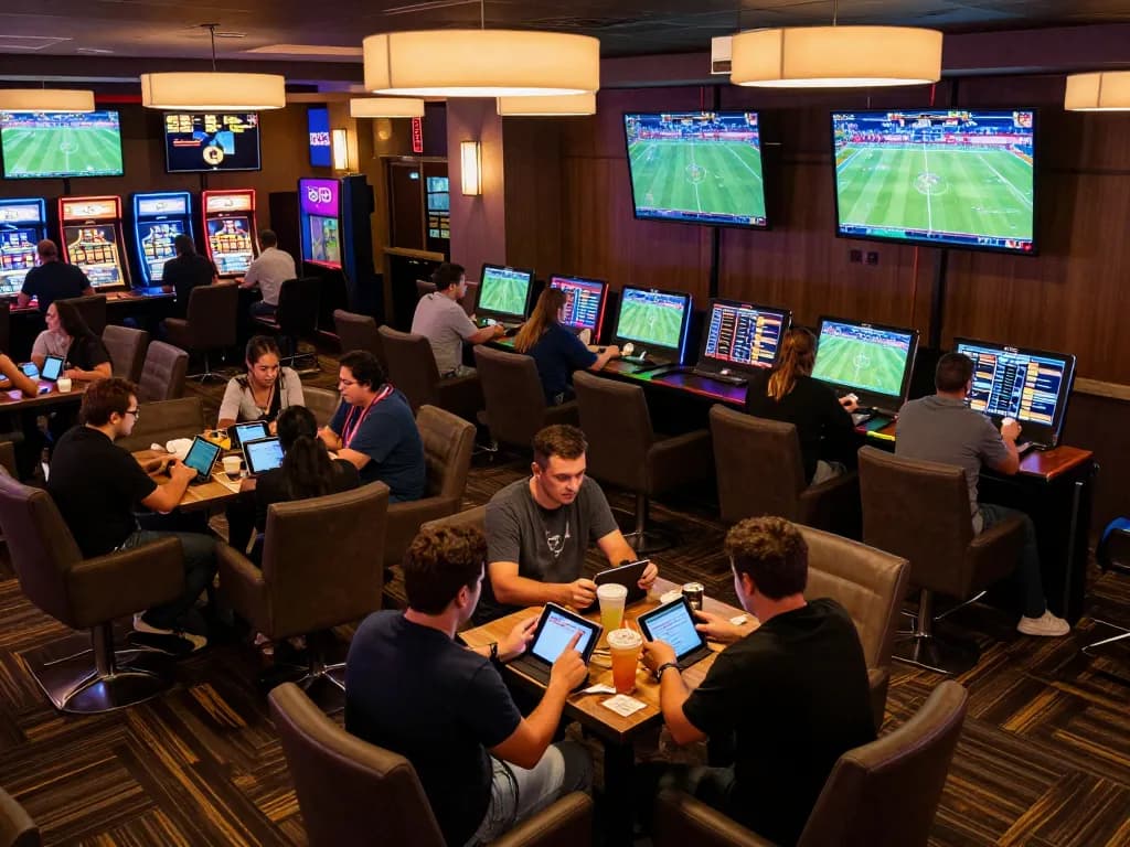 Engaged bettors using devices to place wagers at a lively sports betting lounge on https://tx88at.com/