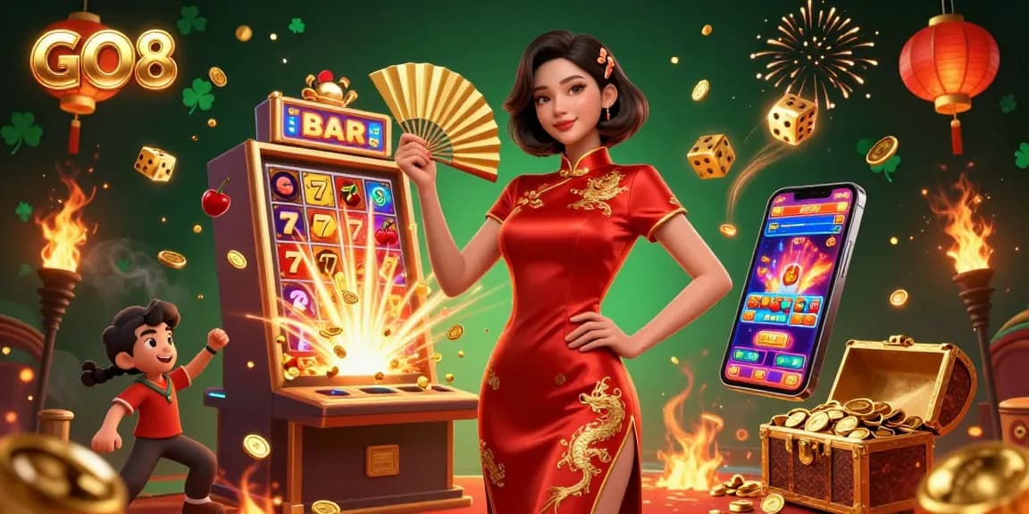 Engage with GO8 for thrilling slot jackpots and vibrant game experiences in a dazzling casino scene.
