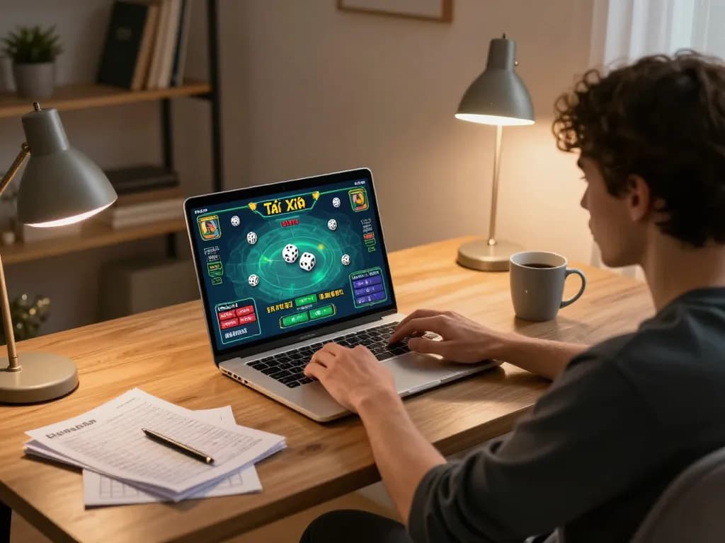 Player engaging in Tài Xỉu online gaming at home setup showcasing betting action, taixiuonline8 experience.