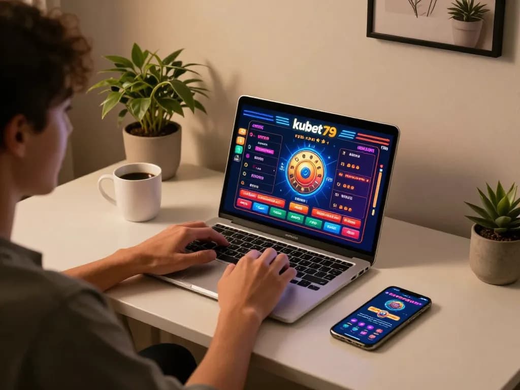 Player exploring kubet79 online casino from a cozy home gaming setup, engaged with vibrant games on a laptop.