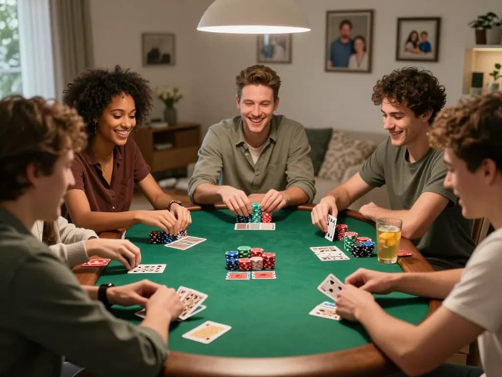 Exciting home poker night scene with friends enjoying card games on twiin68 platform