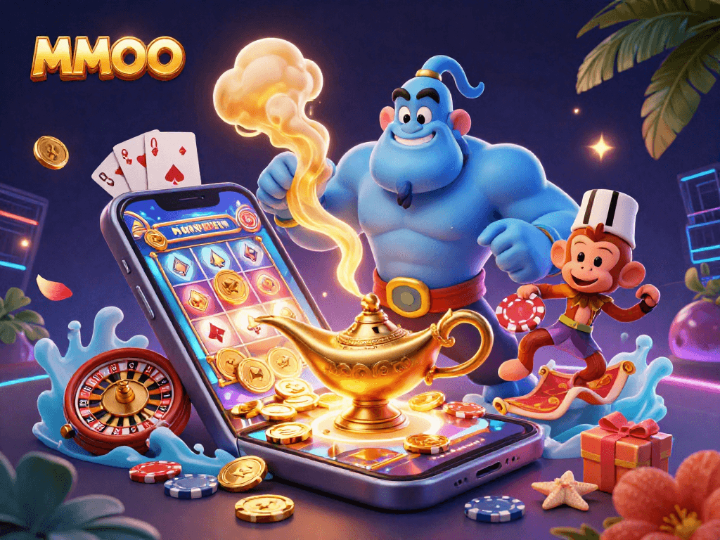 Engage with MMOO's vibrant gaming world featuring a genie, magic carpet, and casino elements!
