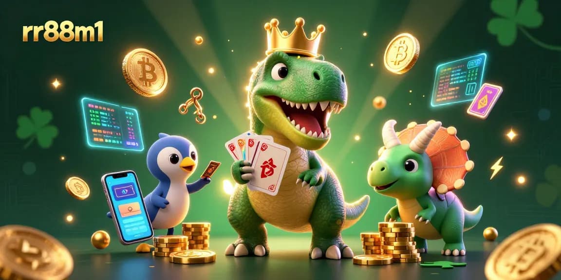 Play and win at rr88m1 with engaging T-Rex and dinosaurs in a vibrant casino scene.