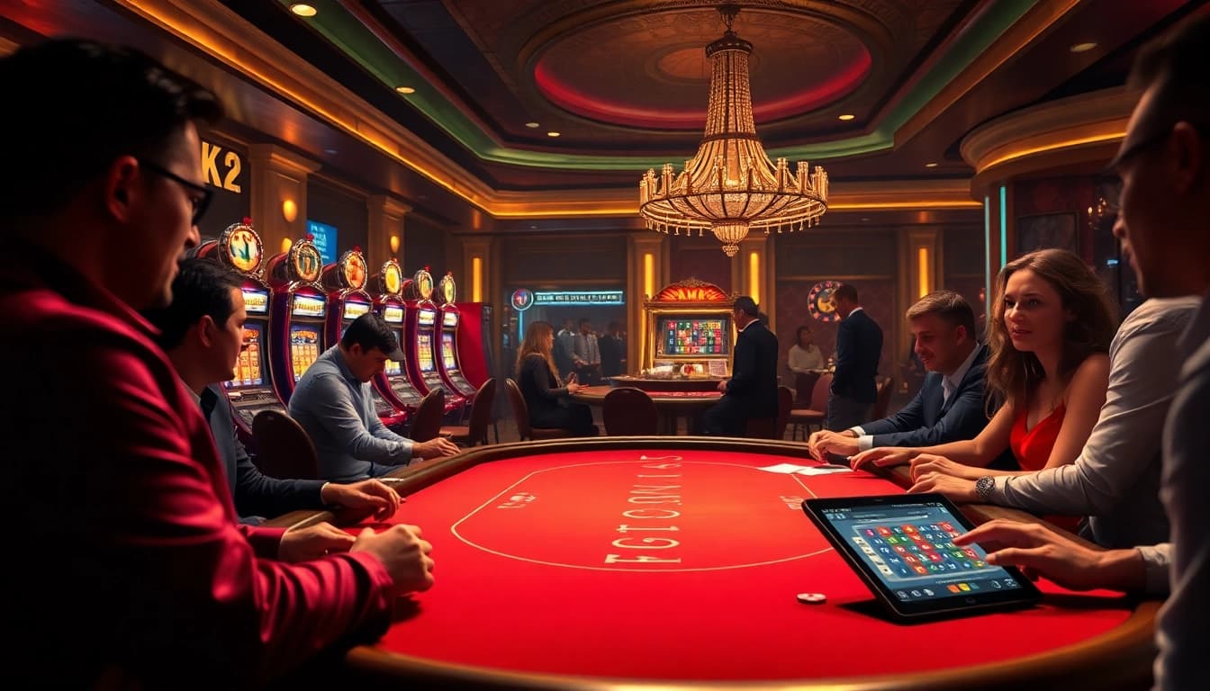 Gamblers enjoying a vibrant casino atmosphere at luck8, with an exciting poker table and colorful slot machines.