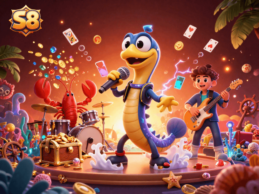 S8 showcases vibrant underwater casino fun with an electric eel DJ and colorful game elements.