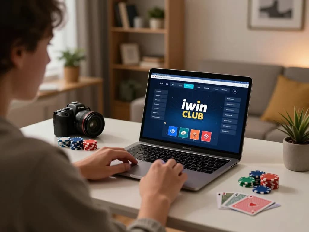 Engaged player using iwin club interface for strategic online poker gameplay in a cozy home setting.