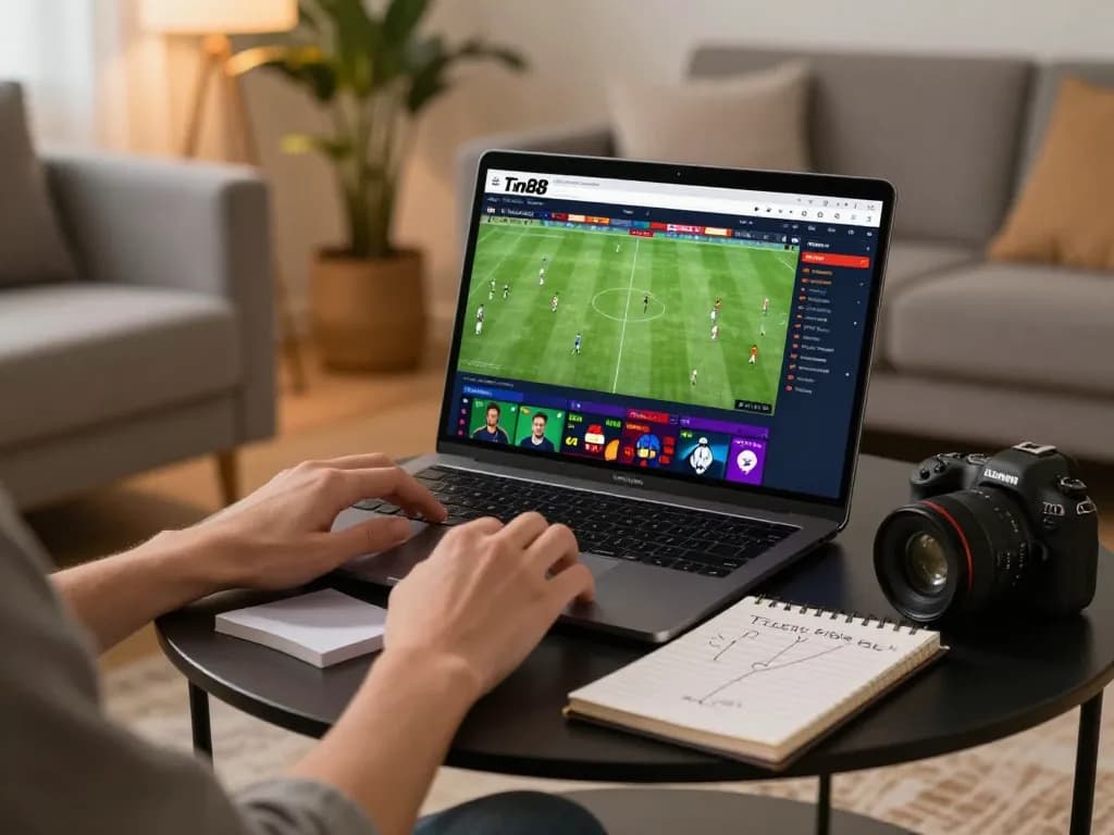 Engaged player exploring the Tin88 sports betting platform on a laptop, highlighting modern online gambling.
