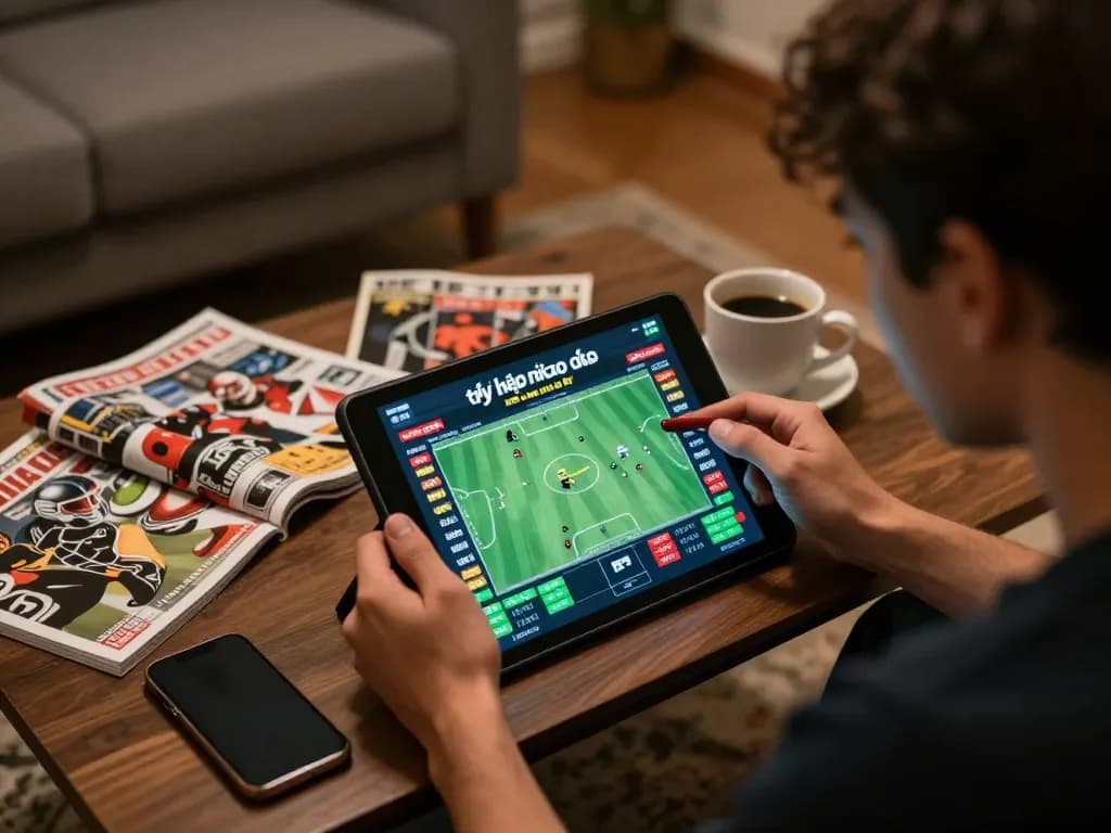 Viewing tỷ lệ kèo nhà cái on tablet during an exciting sports betting session in a cozy home setting.
