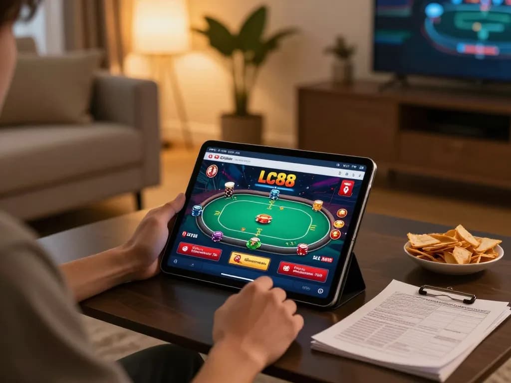 Player engaging with the lc88 casino app on a tablet while studying strategies at home.