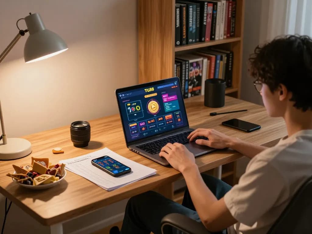 Player immersed in online gaming at Tg88, surrounded by strategy notes and relaxed home ambience.