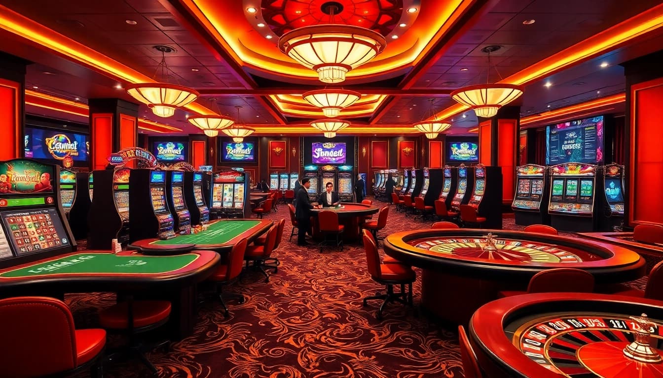 Engaging casino visuals showcasing gameplay and excitement at vin88ac.com, featuring gaming tables and slot machines.