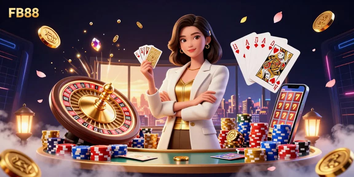 Experience the vibrant thrill of FB88 with a glamorous businesswoman at a casino, showcasing high-stakes excitement.