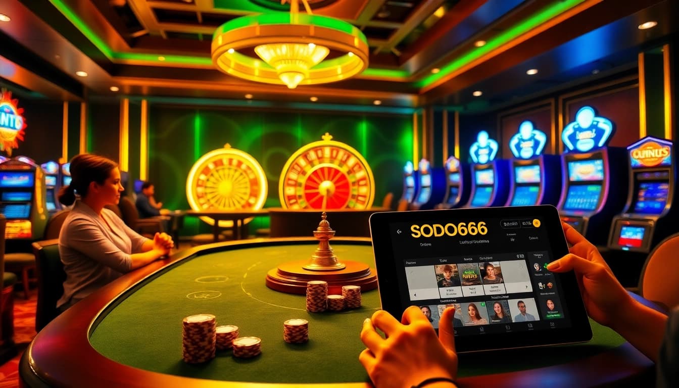 SODO66 players enjoying a vibrant casino experience at a stylish poker table with roulette and slot machines.