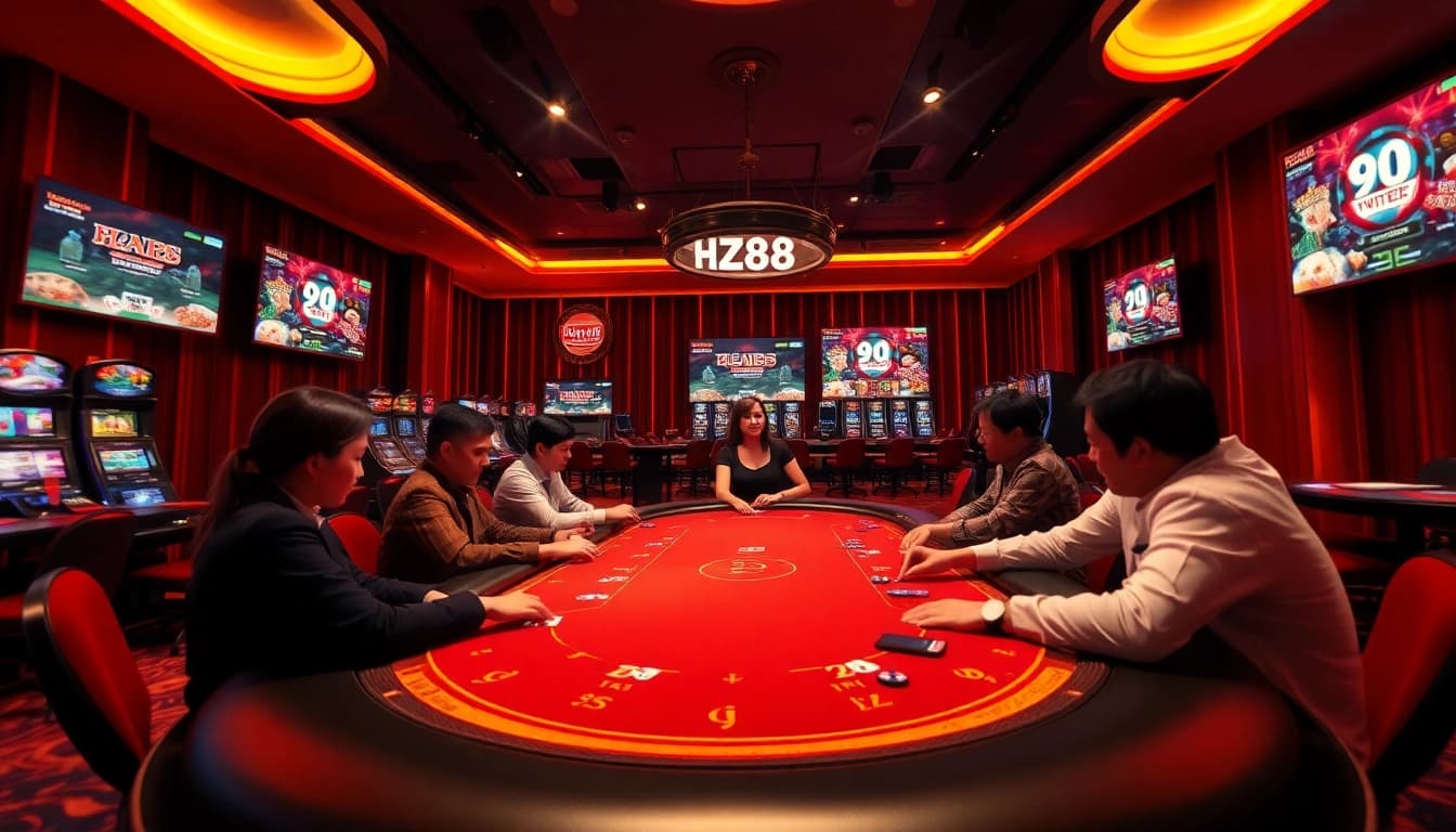 Exciting virtual casino scene featuring HZ88's poker game and diverse online gambling options.