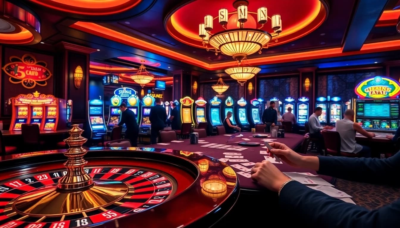 A thrilling gaming experience at https://69vn15.top/ showcasing poker chips and vibrant slot machines.