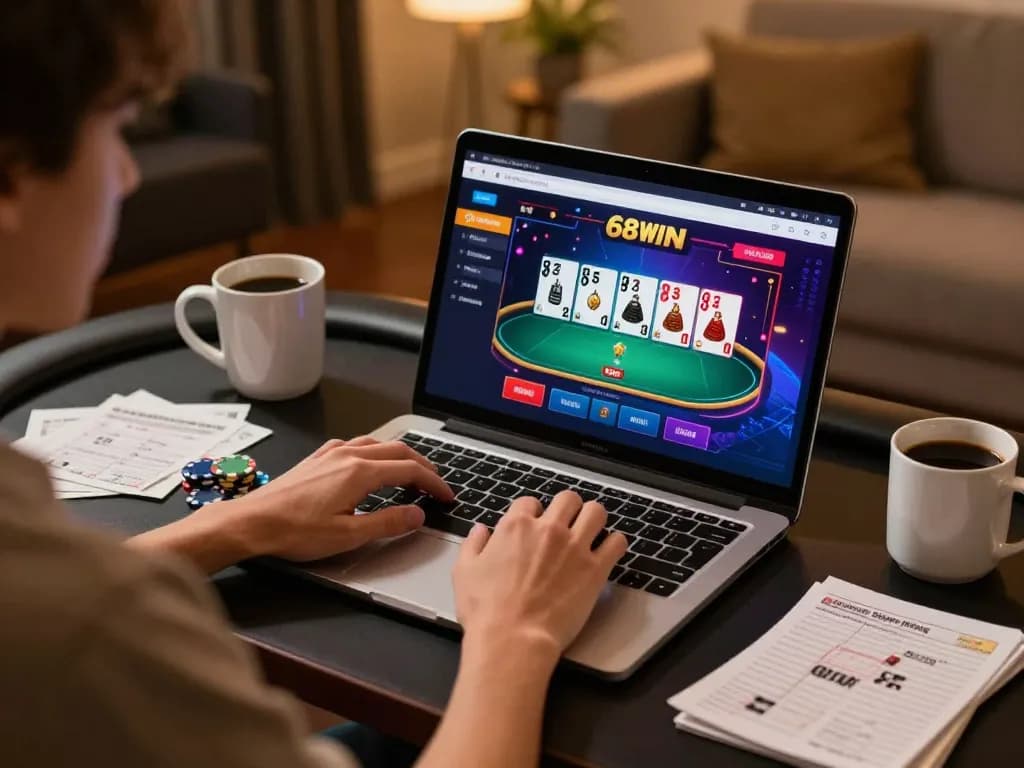 Engaging in online gameplay at 68WIN with focused strategy notes and gaming interface.
