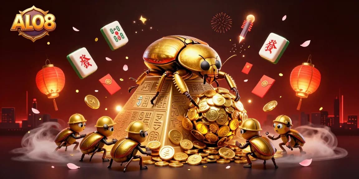 Experience the excitement of ALO8 with golden treasures and dynamic casino symbols in this vibrant scene.