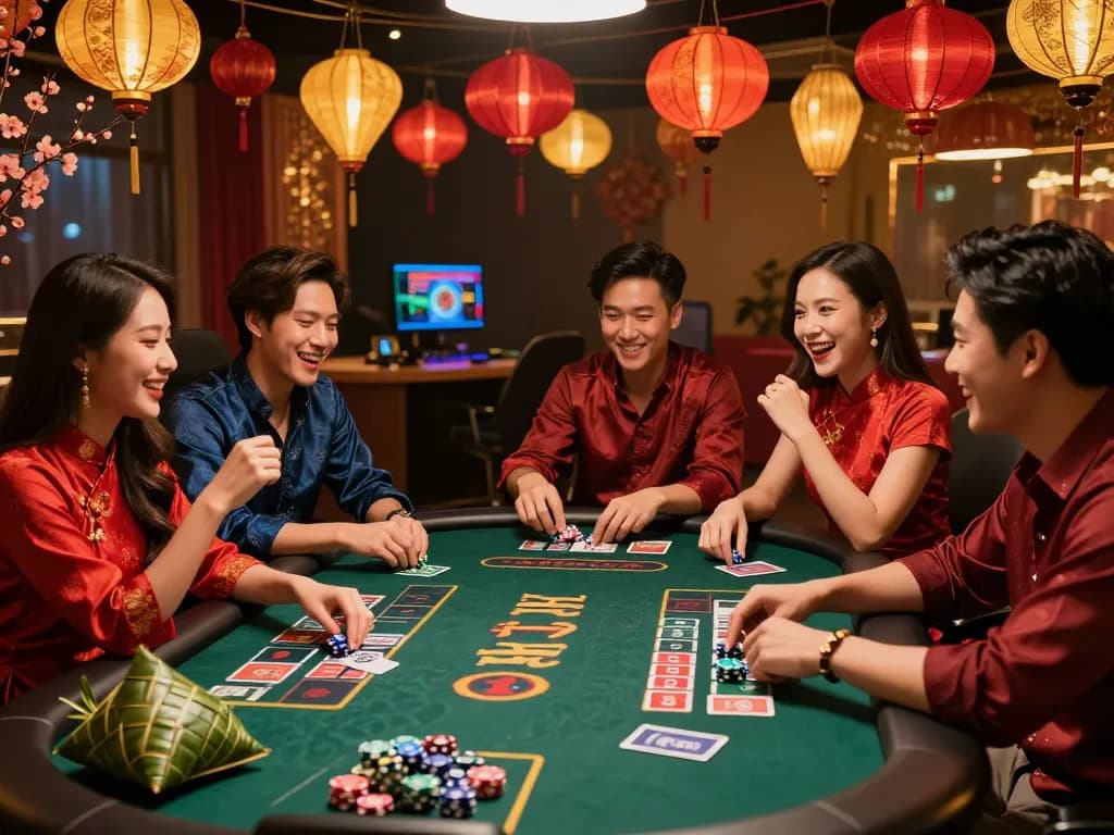 8kbet luxury gaming table celebration during Tết festival with vibrant decorations and festive elements.