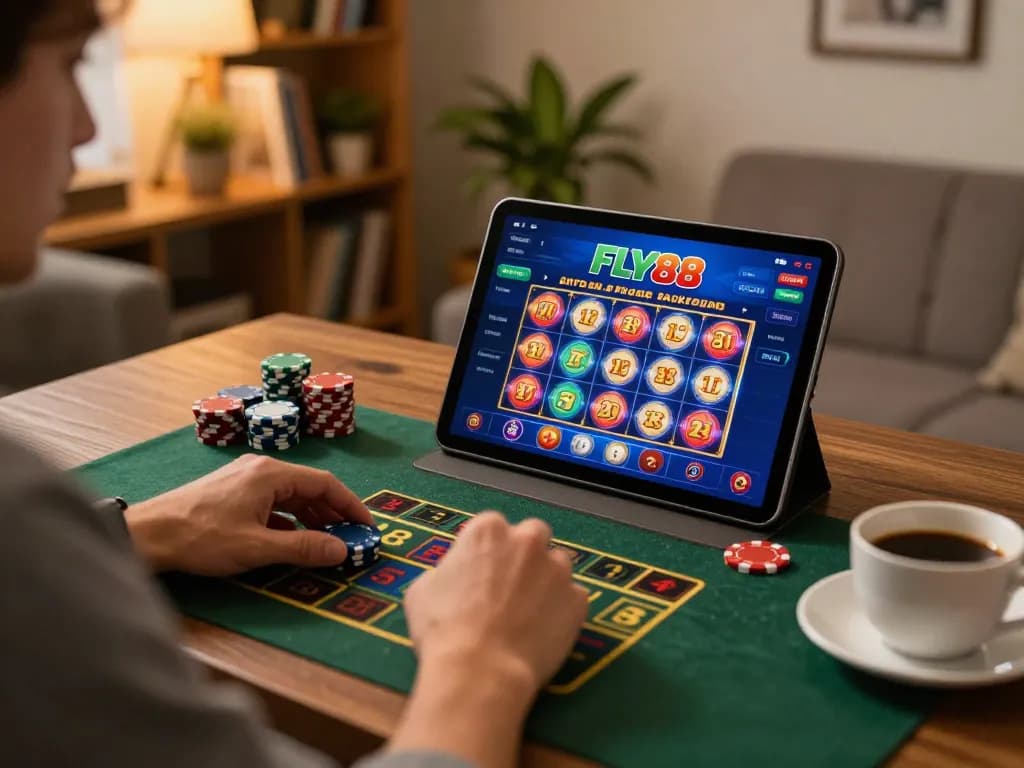 Player engaged with FLY88 app showcasing exciting online slots and cozy home setup