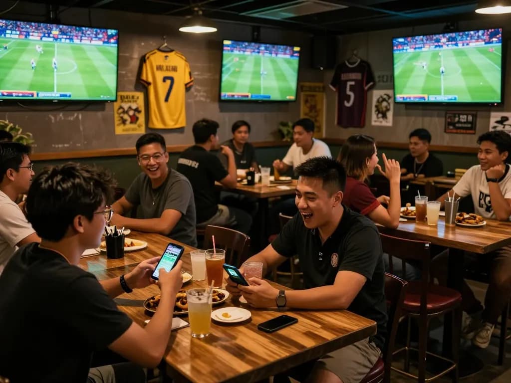 Betting on แทงบอล in a lively sports bar with friends watching live soccer matches.